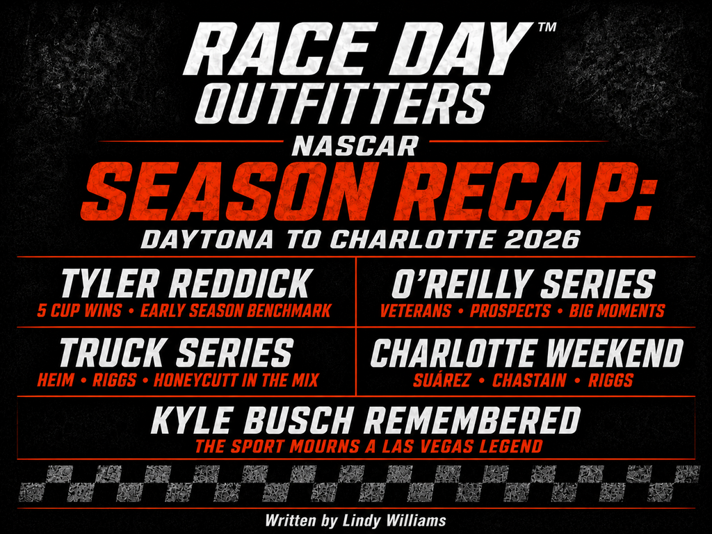 NASCAR 2026 season recap graphic showing Daytona to now with Cup Series, O’Reilly Series, and Craftsman Truck Series.